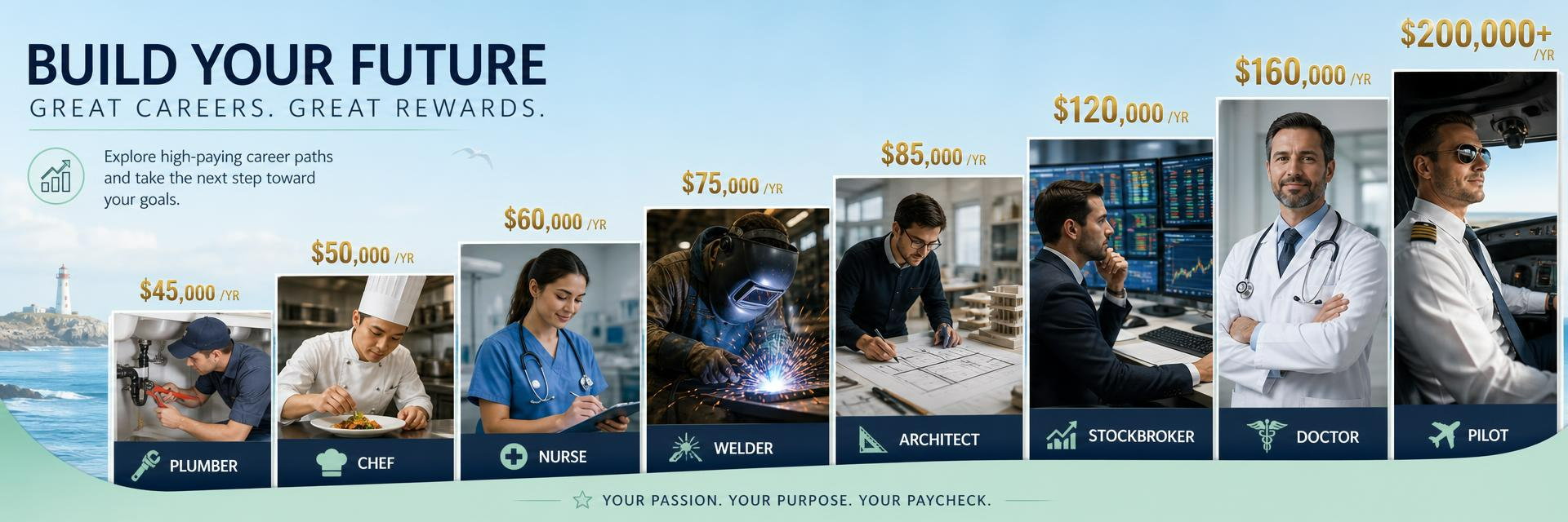 Build your future banner showing diverse professionals from plumber and chef to nurse, welder, architect, stockbroker, doctor and pilot with salary steps from $45,000 to $200,000+ per year