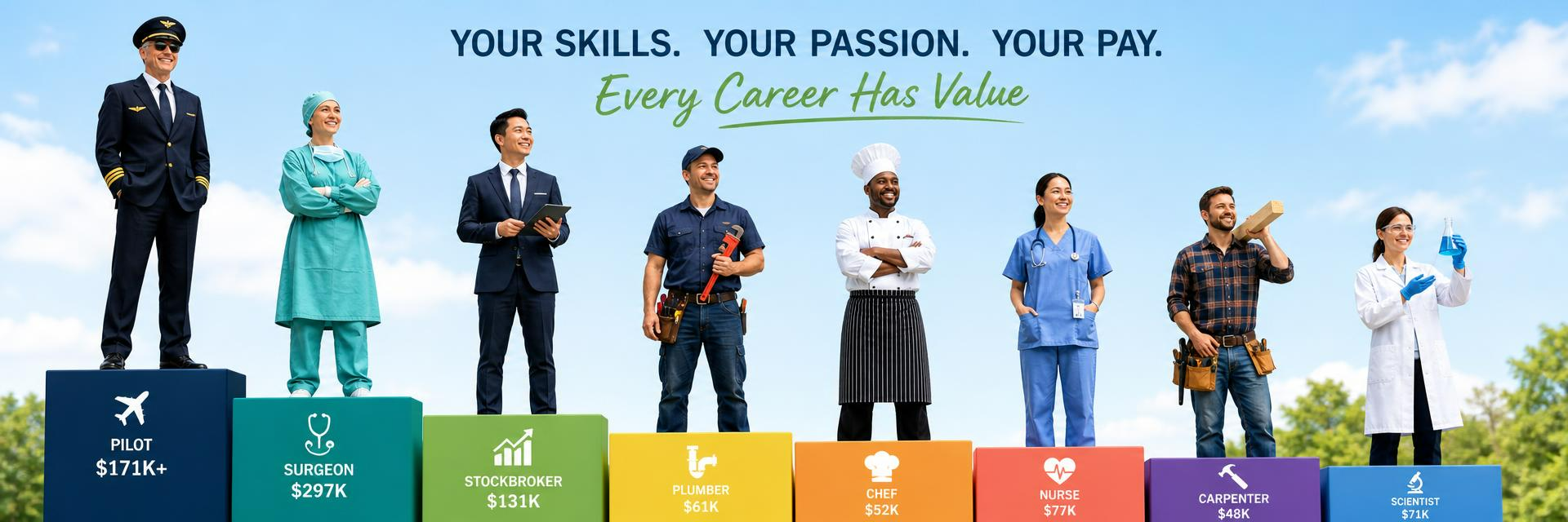 Banner showing eight professionals standing on colourful salary blocks — Pilot, Surgeon, Stockbroker, Plumber, Chef, Nurse, Carpenter and Scientist — beneath the headline Your Skills. Your Passion. Your Pay. Every Career Has Value. Images and Photos created by www.jobrank.com