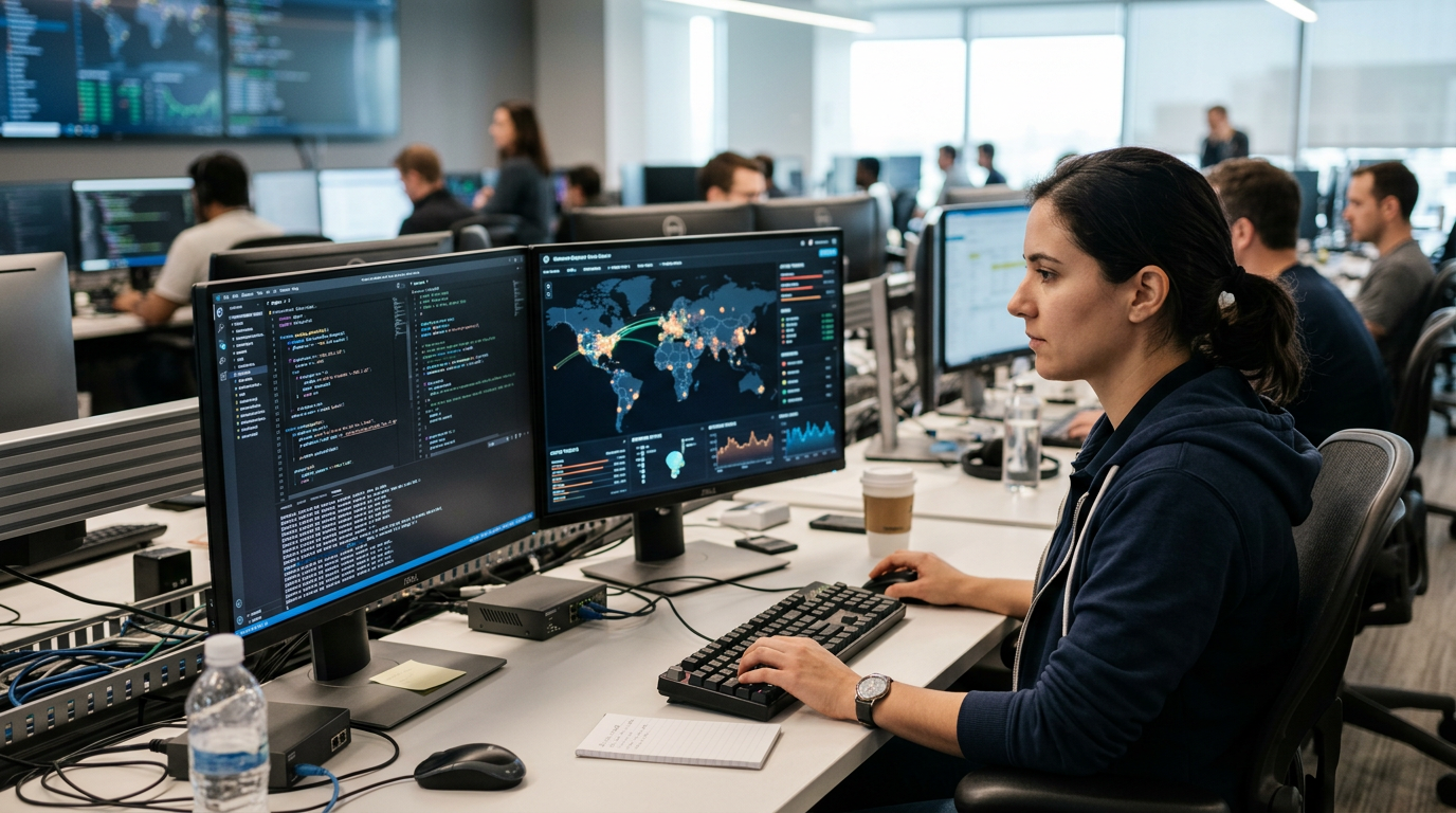 A cyber security specialist analyzing data on multiple computer screens in a high-tech security operations center.