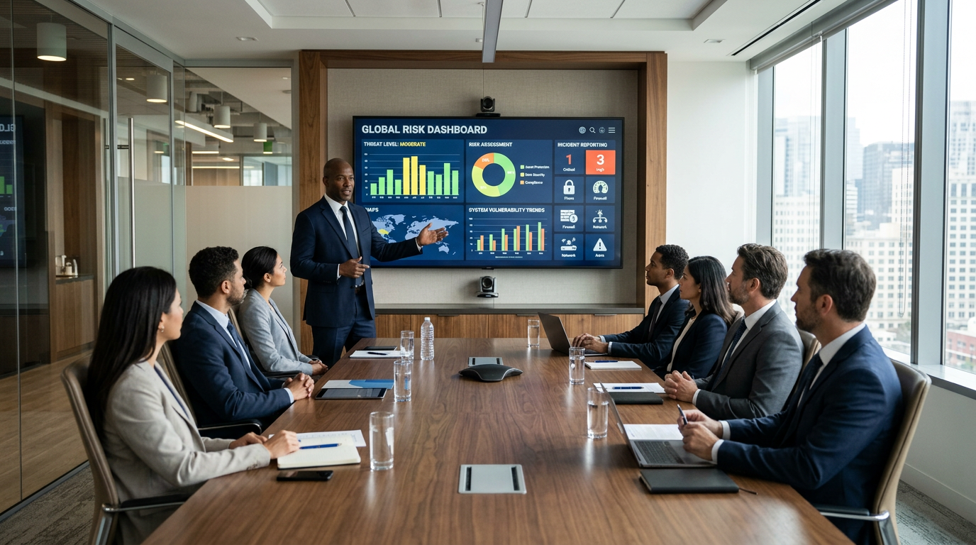 A security executive presenting a digital risk assessment presentation to corporate board members in a conference room.