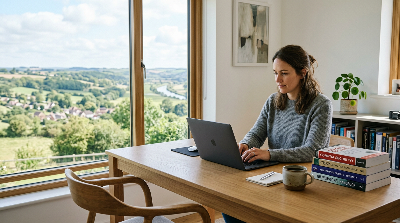 A professional studying for advanced security certifications with a laptop and educational materials at a bright desk.