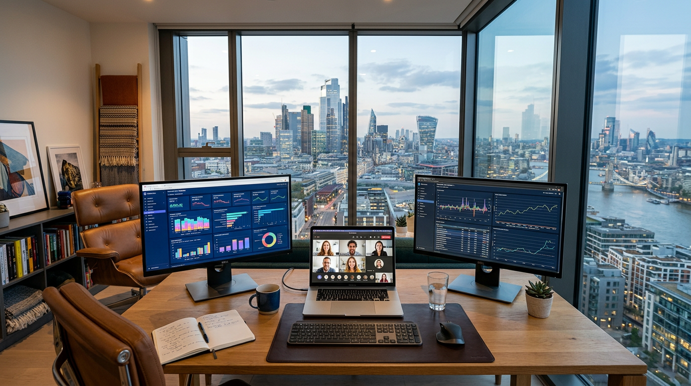 A professional home office desk setup with multiple monitors showing complex business metrics and video conferencing applications.