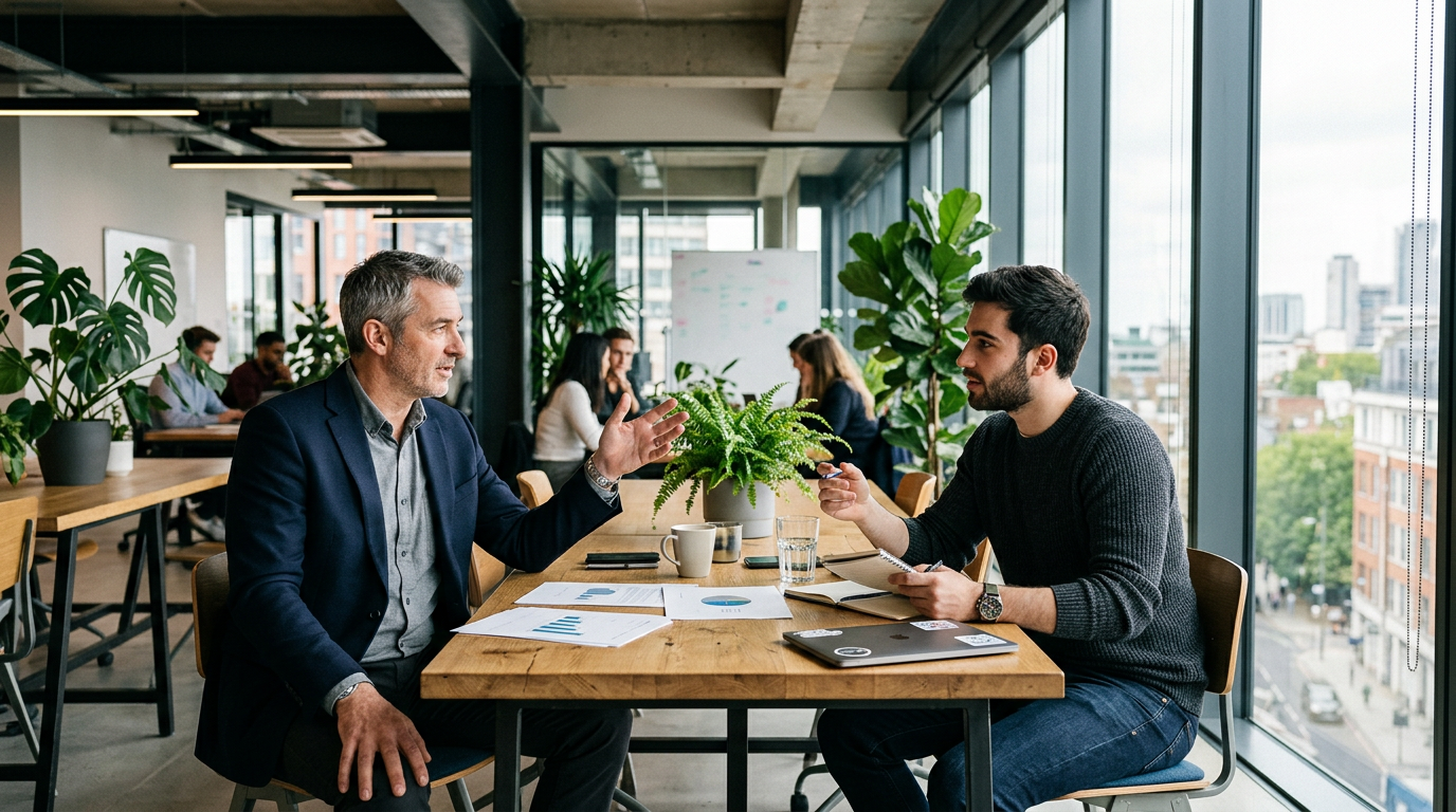 An experienced consultant mentoring a young tech entrepreneur at a wooden table in a brightly lit co-working space.