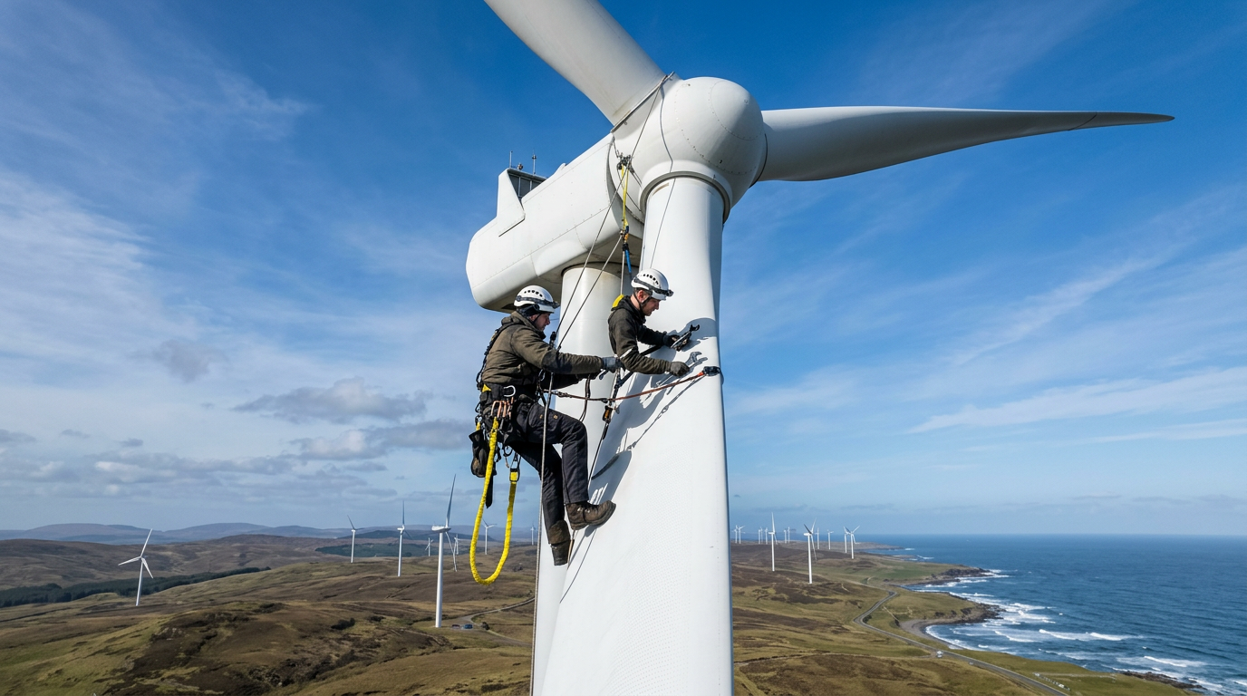 A technician conducting high-altitude maintenance on a wind turbine generator.