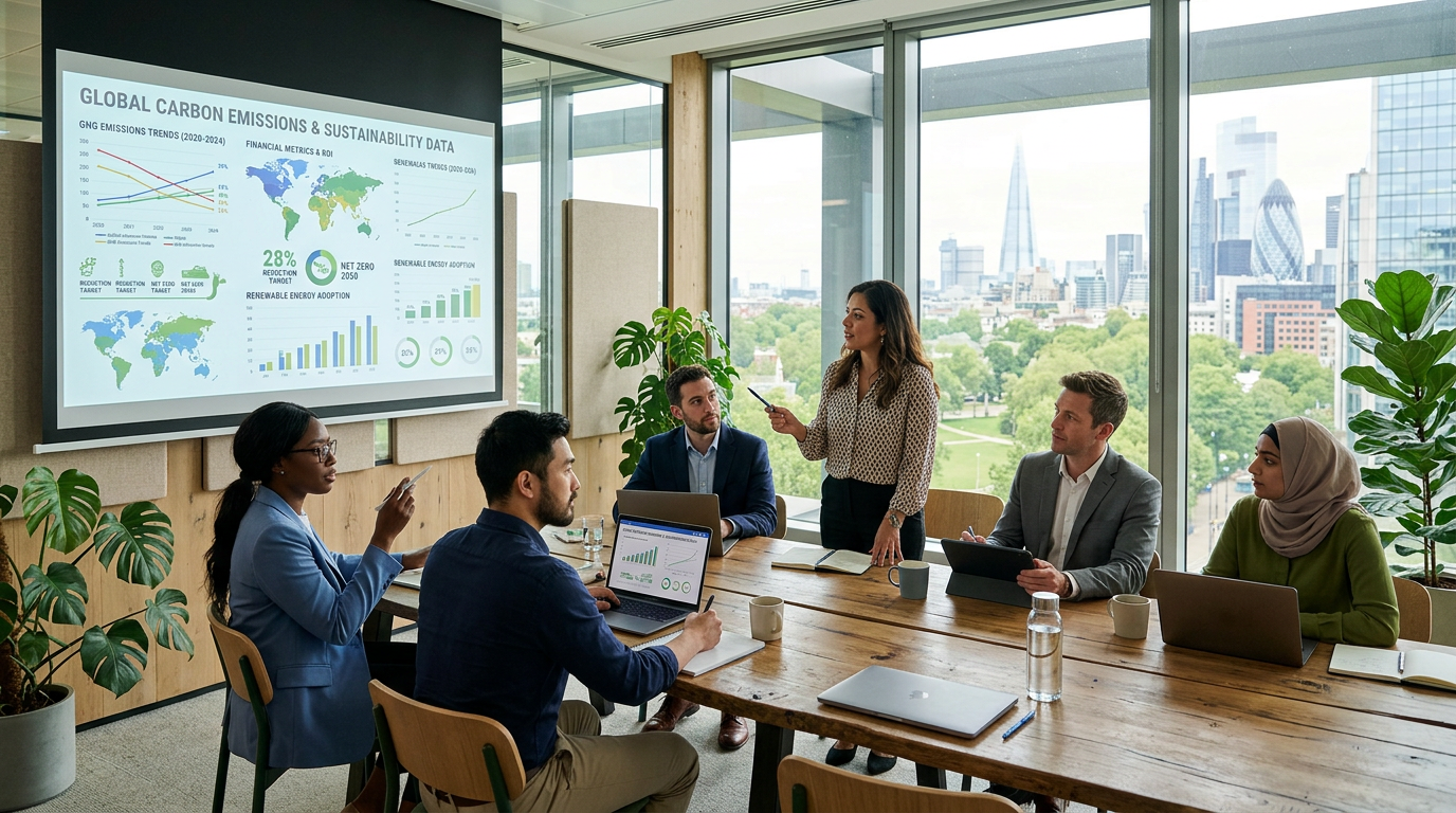 Business professionals discussing corporate sustainability metrics and ESG data during a meeting.