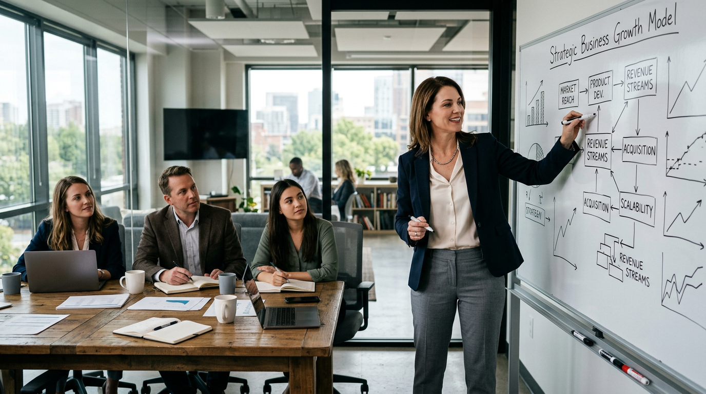 A female leader explaining a strategic business plan on a whiteboard to her team.