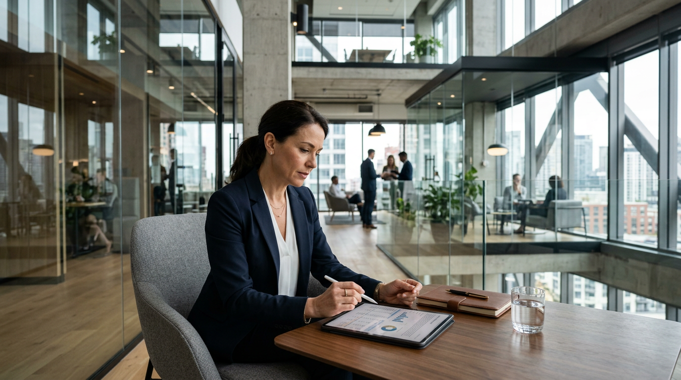 A professional reviewing a business contract on a tablet in an office lounge.