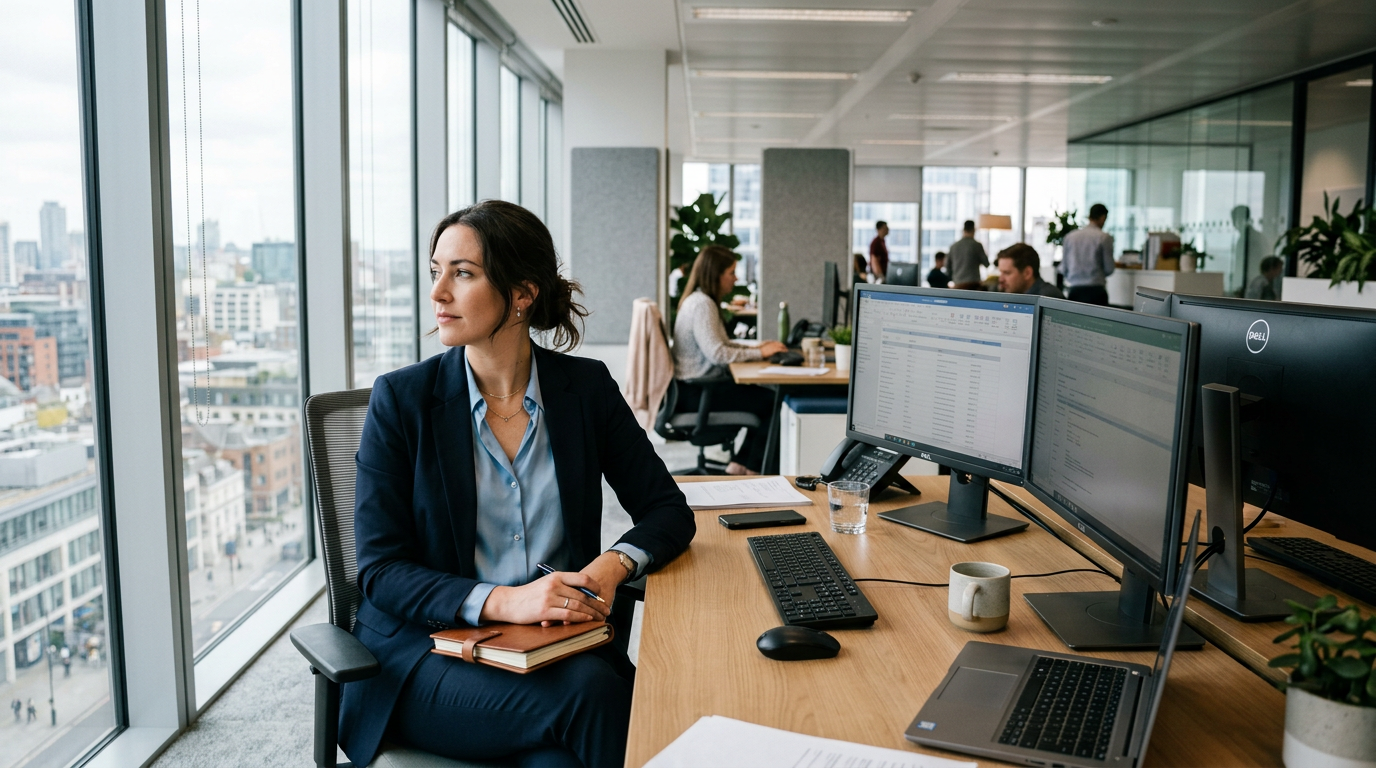 A professional woman sitting at a desk with two computer screens in a bright corporate office.