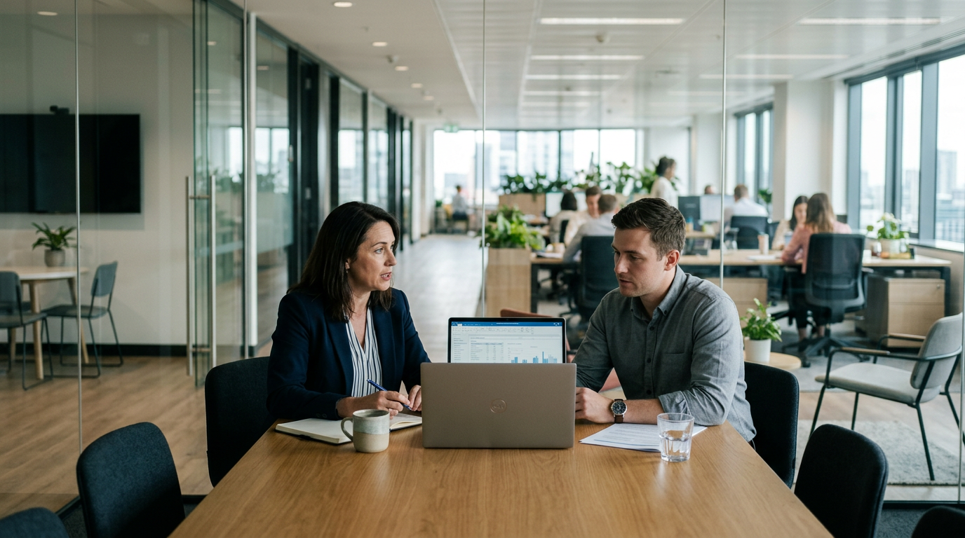 A professional meeting between an employee and a manager in a modern glass office room.