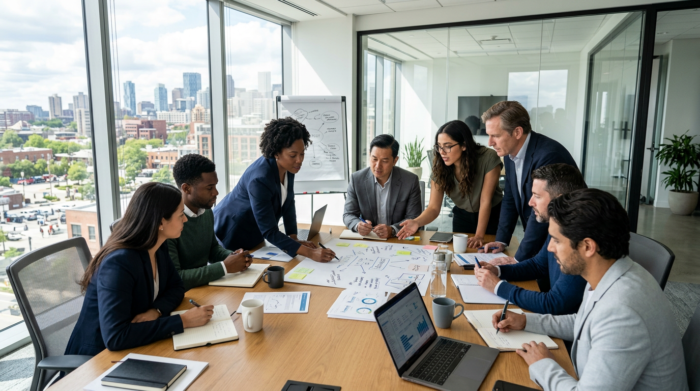 An office team meeting showing colleagues working together around a table.
