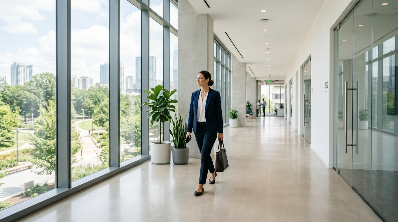 A professional walking through a bright corporate office corridor.