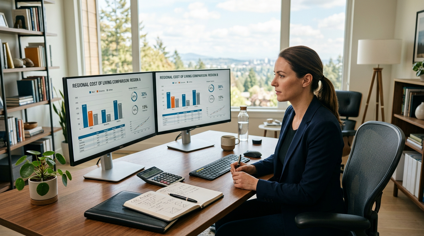 Close-up of a neat office desk where a person is analyzing financial spreadsheets and salary data across two computer screens.