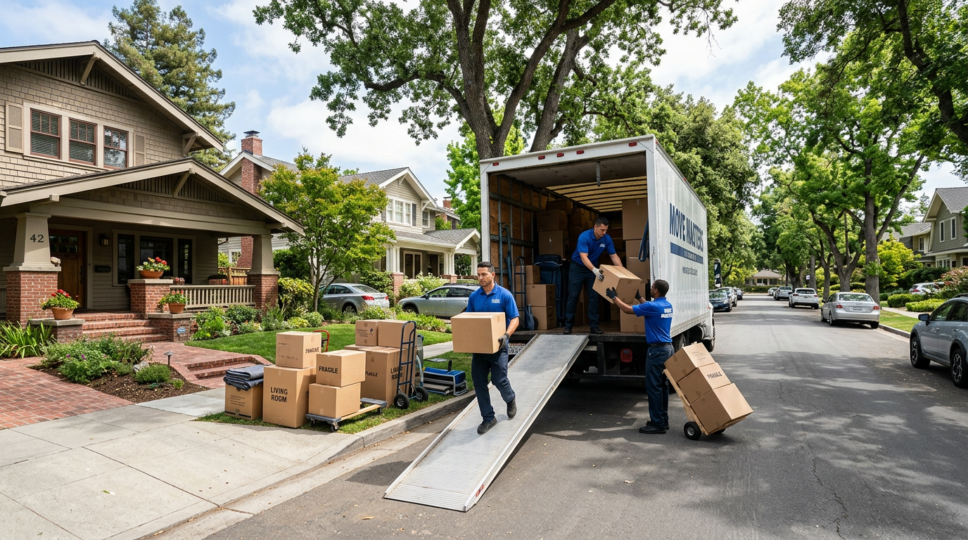 A professional relocation service moving cardboard boxes out of a delivery truck on a clean, suburban residential street.