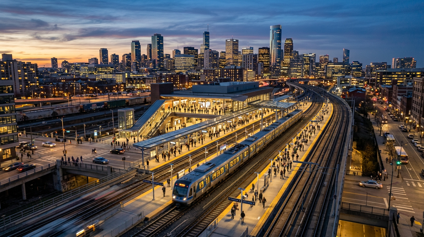 A high-speed passenger train pulled up at a modern urban platform during sunset, with city buildings blurred in the background.