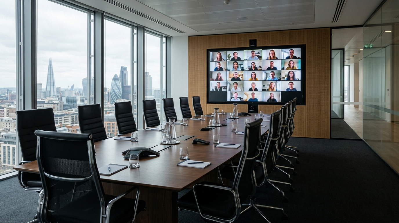 An empty office conference room featuring a large video display screen with active remote team members in a video call.