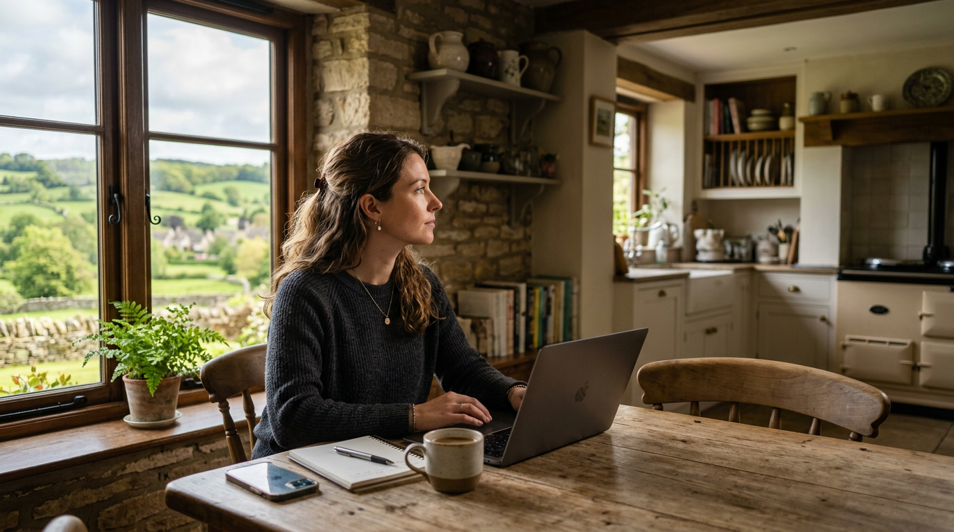A remote worker looking out a window while working on a laptop at her kitchen table during the day.