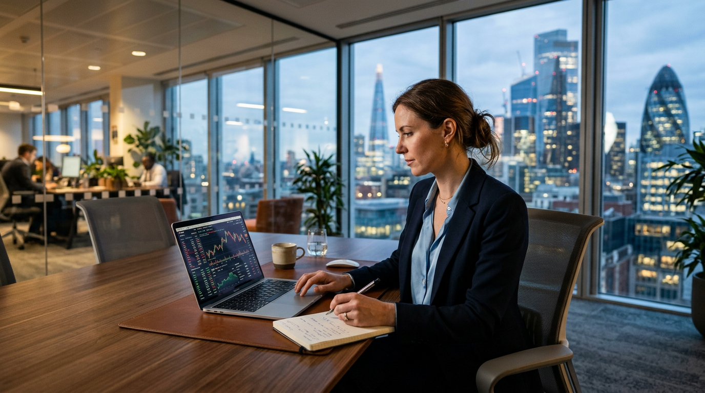 A female professional analyzing financial performance data on a computer screen in a bright office