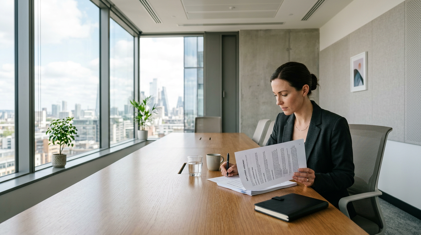 A close-up of a business agreement and a pen resting on a wooden desk in a quiet office environment