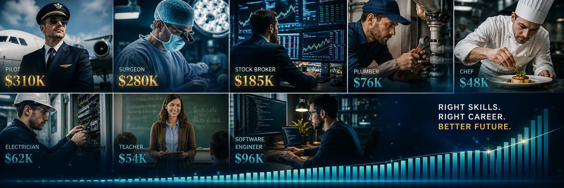 Profession montage number 1 combining pilots, doctors, stockbrokers, plumbers, chefs and engineers with salary figures showing the variation in pay from one profession to the next. Images and Photos created by www.jobrank.com