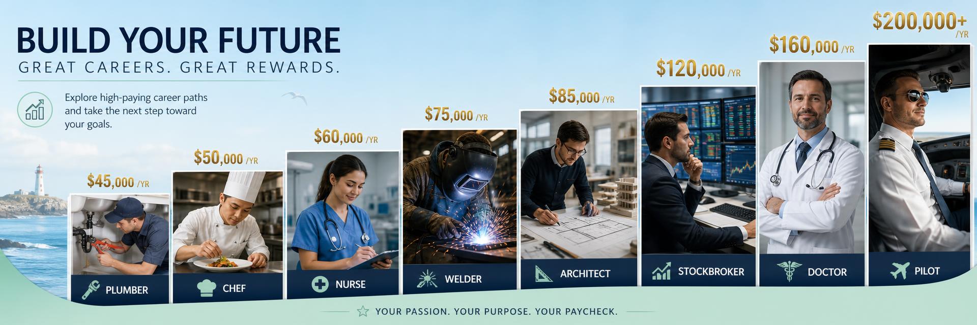Profession montage number 2 combining pilots, doctors, stockbrokers, plumbers, chefs and engineers with salary figures showing the variation in pay from one profession to the next. Images and Photos created by www.jobrank.com