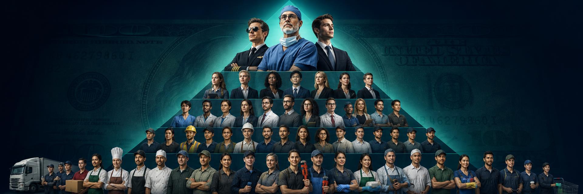 Profession montage number 3 combining pilots, doctors, stockbrokers, plumbers, chefs and engineers with salary figures showing the variation in pay from one profession to the next. Images and Photos created by www.jobrank.com