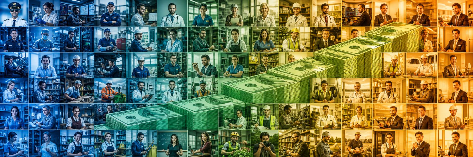 Profession montage number 7 combining pilots, doctors, stockbrokers, plumbers, chefs and engineers with salary figures showing the variation in pay from one profession to the next. Images and Photos created by www.jobrank.com