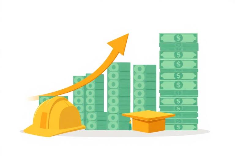 Illustration of a hard hat and wrench beside tall stacks of dollar notes with a rising arrow, representing high pay with little study. Images and Photos created by www.jobrank.com