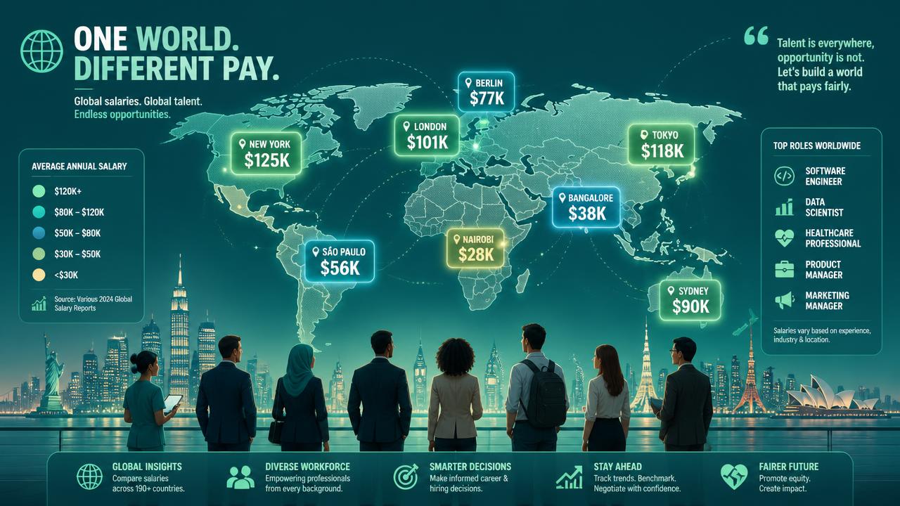 Featured image for the article "Salary By Country: What Actually Moves The Number". The same job can pay four times more in one market than another. Cost of living explains only part of it.