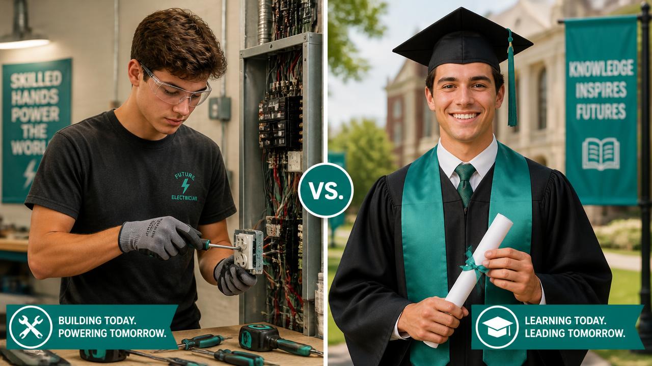 Featured image for the article "Trades vs University: The Real Lifetime Numbers". An apprentice earns from day one. A graduate starts higher but four years later. Here is where the lines cross.
